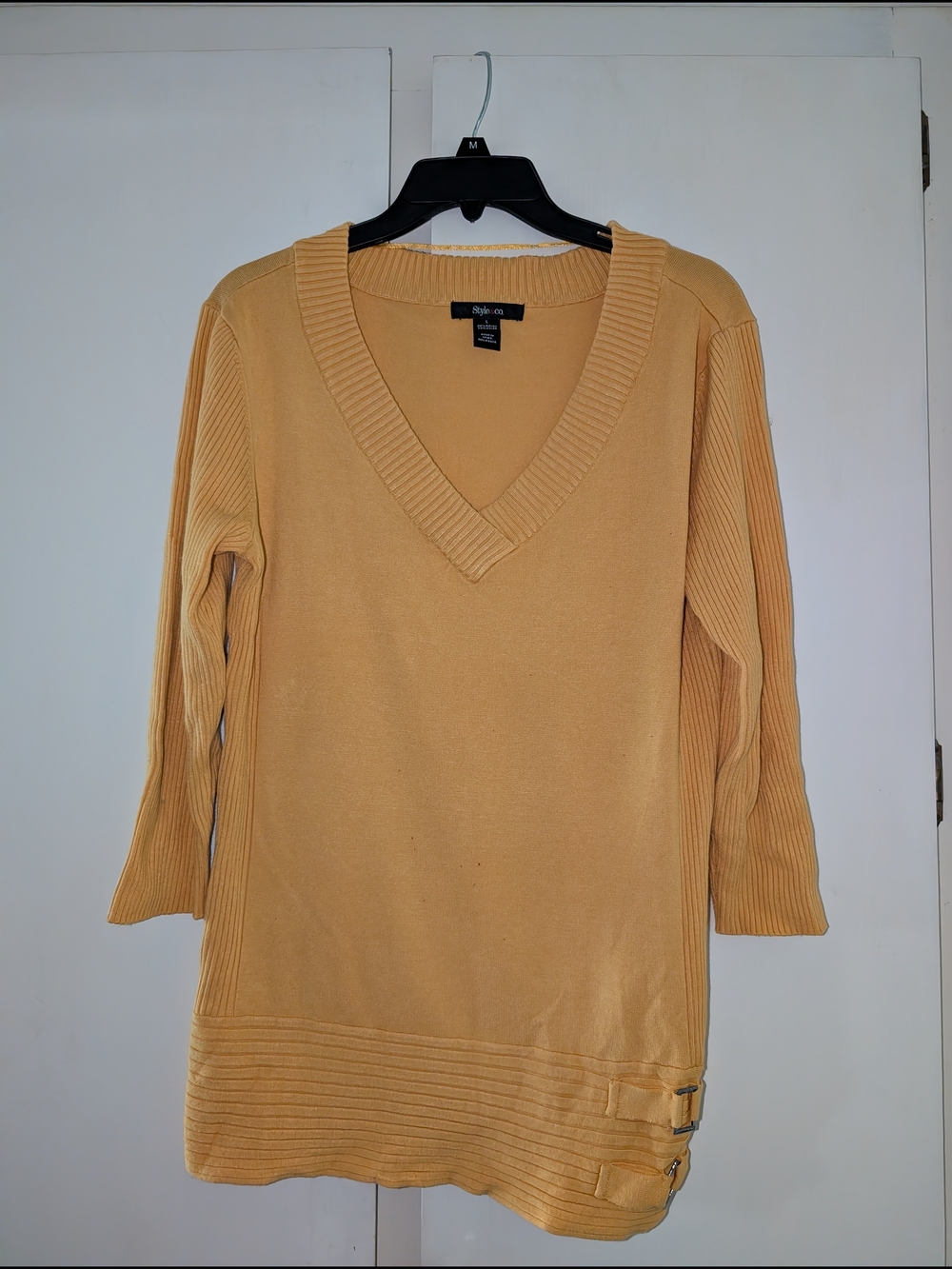 Style & Co. V-Neck Ribbed Tunic Sweater in Mustard Yellow